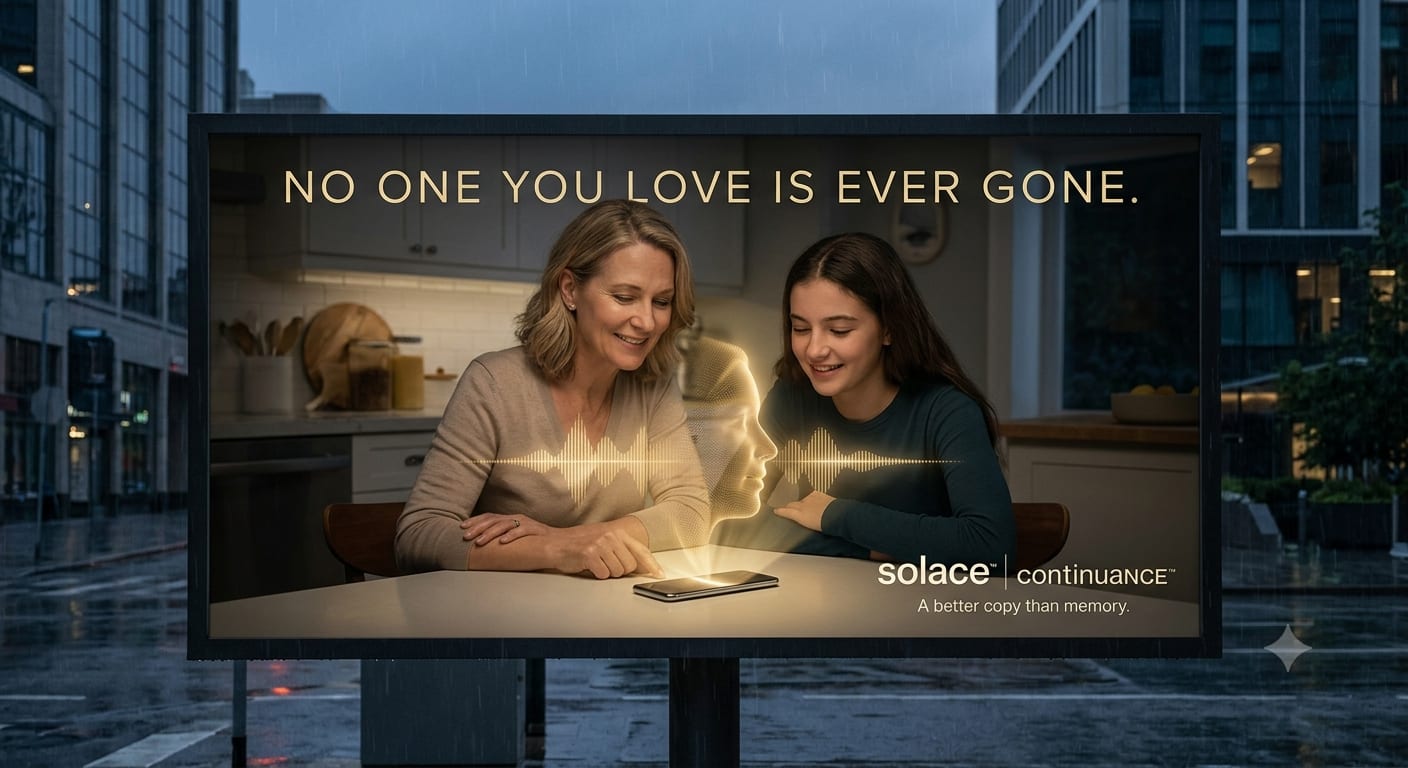 A Solace billboard at a rain-slicked city intersection at dusk: a woman and a young girl at a kitchen table, a warm voice rising from a phone between them, above the line NO ONE YOU LOVE IS EVER GONE.