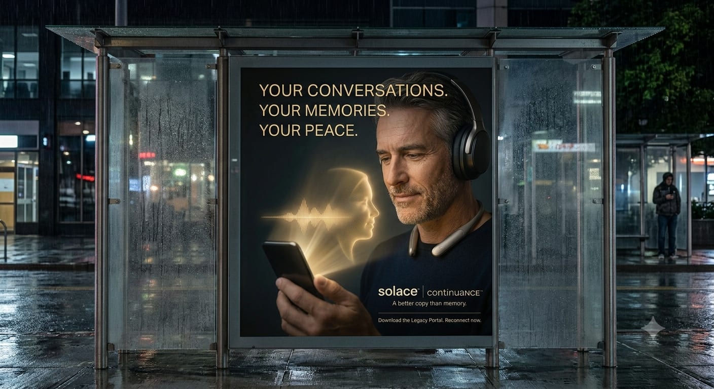 A Solace bus-shelter poster at night in the rain: a man listening on headphones as a warm voice rises from his phone, above the line YOUR CONVERSATIONS. YOUR MEMORIES. YOUR PEACE.