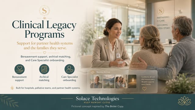 Clinical Legacy Programs sheet: a Solace specialist meeting a couple in a hospital setting
