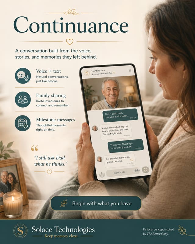 Continuance product sheet: a woman in conversation with her late father on a phone