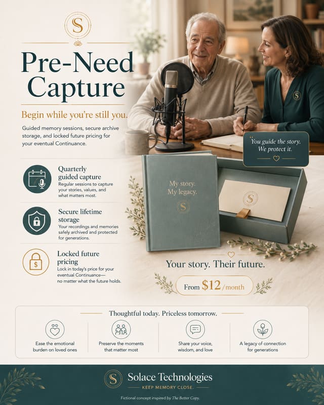 Pre-Need Capture brochure: a man recording his stories with a guide, and a keepsake memory box