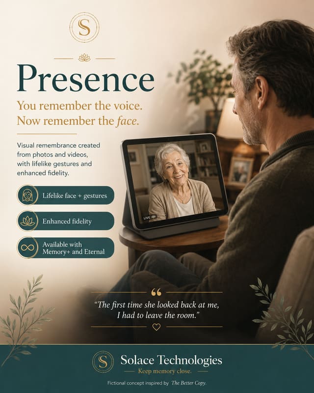 Presence product sheet: a man watching his late mother on a tablet