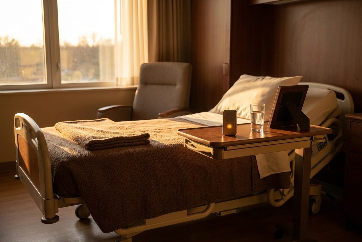 A warm, empty hospital room in golden light: a small recorder with a gold light on the tray table, a visitor's chair pulled close