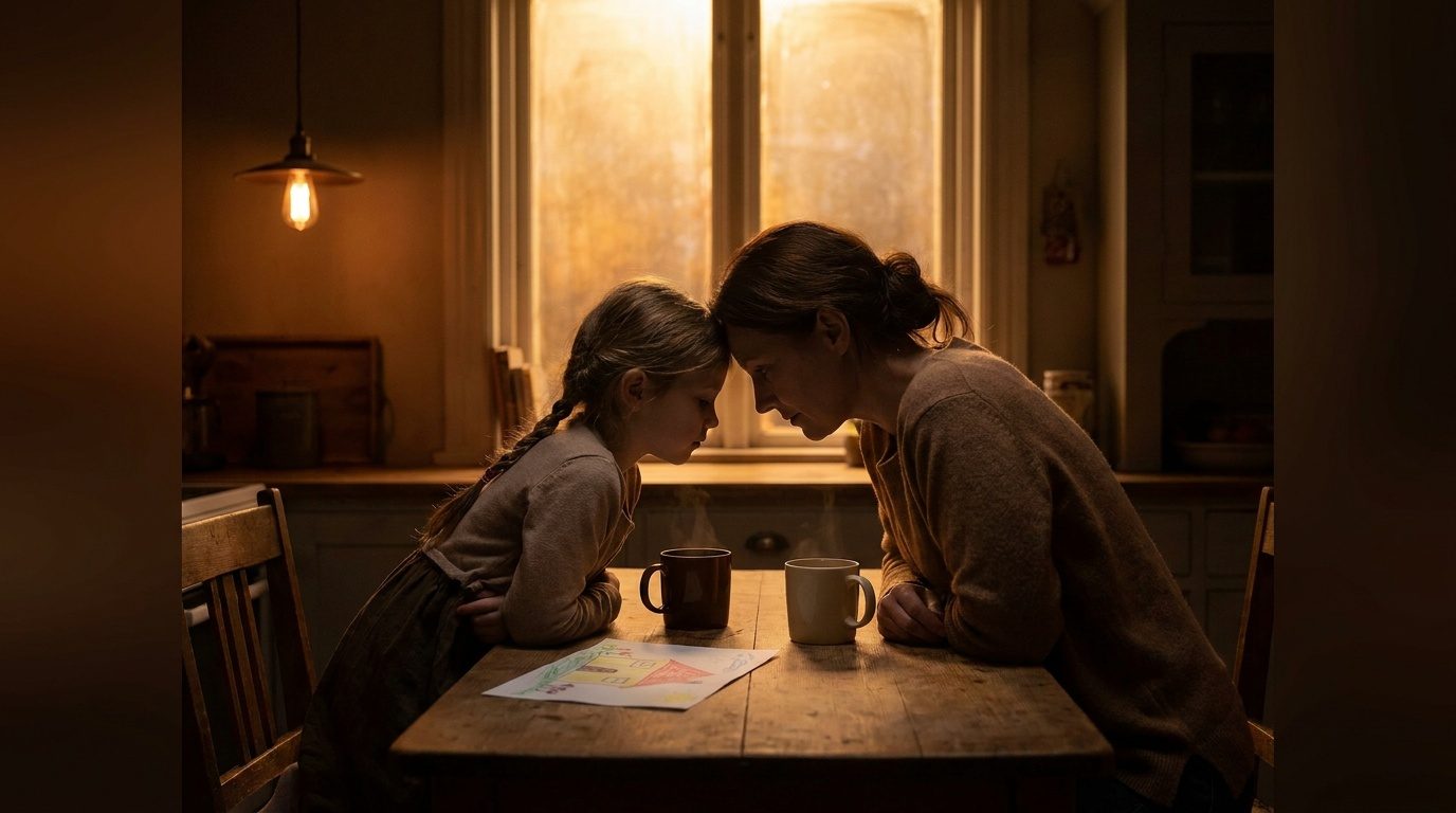 A woman and a girl at a kitchen table, heads bent together, in golden light