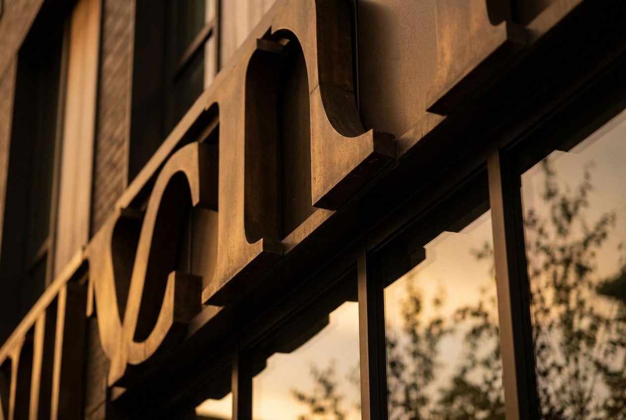 Aged bronze serif lettering along a building's upper floor, shot at a raking angle in golden light, abstract and unreadable