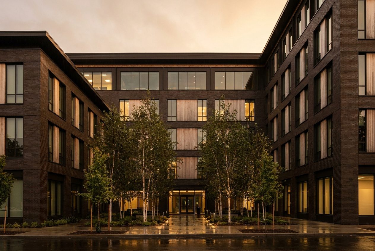 The Solace Seattle campus at dusk