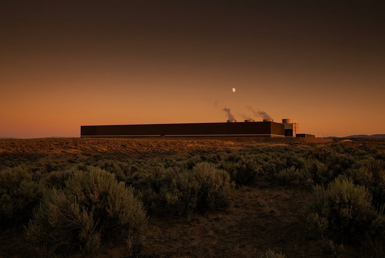The Umatilla County campus at dusk, cooling towers breathing steam