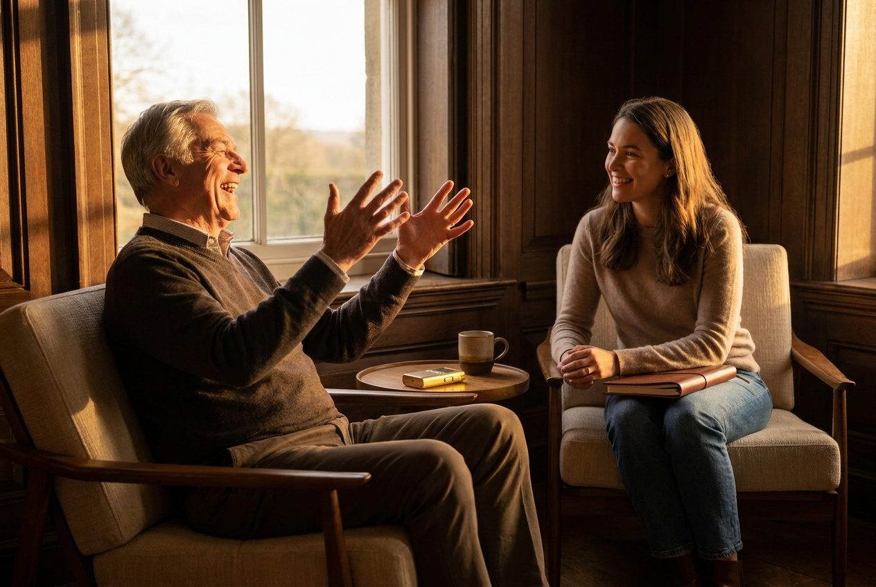 An older man mid-story, laughing with his hands raised, while a Capture Guide listens — a small recorder glowing on the table between them