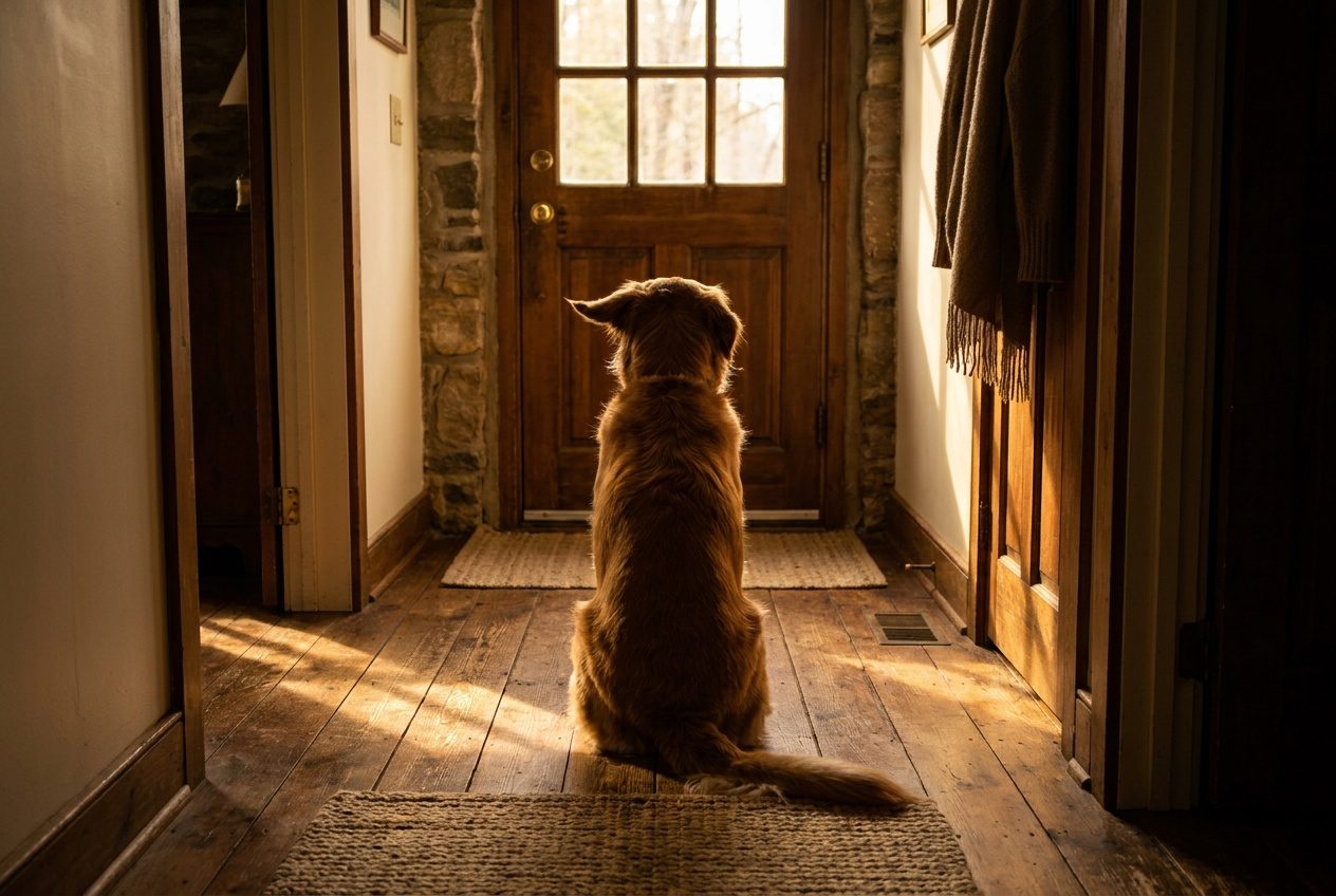 A dog sitting in a hallway at five o'clock, facing the front door, gold light on the floor