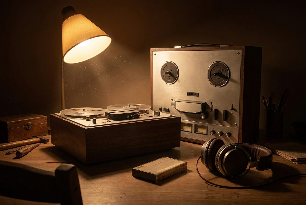 A restoration bench under a warm lamp — reel-to-reel, headphones, and a voice coming back