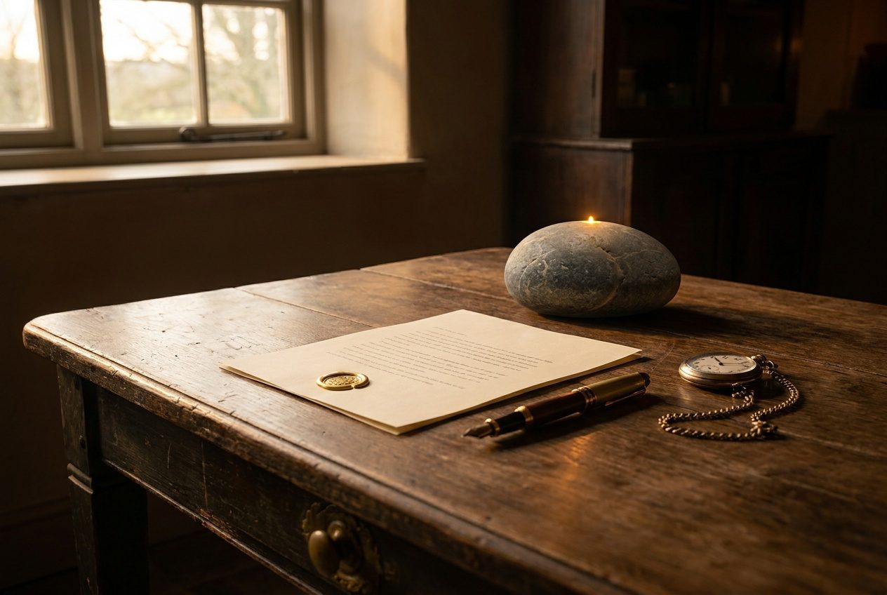 An estate desk at dusk — a sealed document, a fountain pen, a pocket watch, and the Stone waiting to be passed down