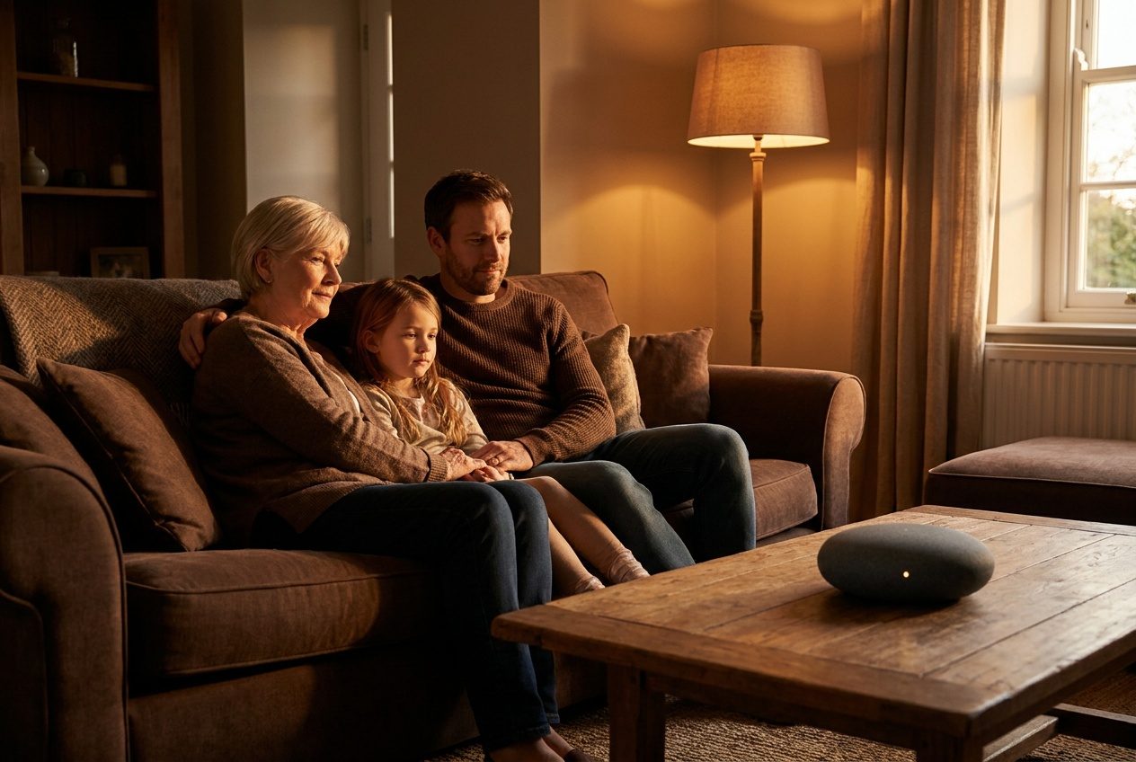 Three generations on a sofa in lamp light, all listening toward a small stone speaker on the coffee table