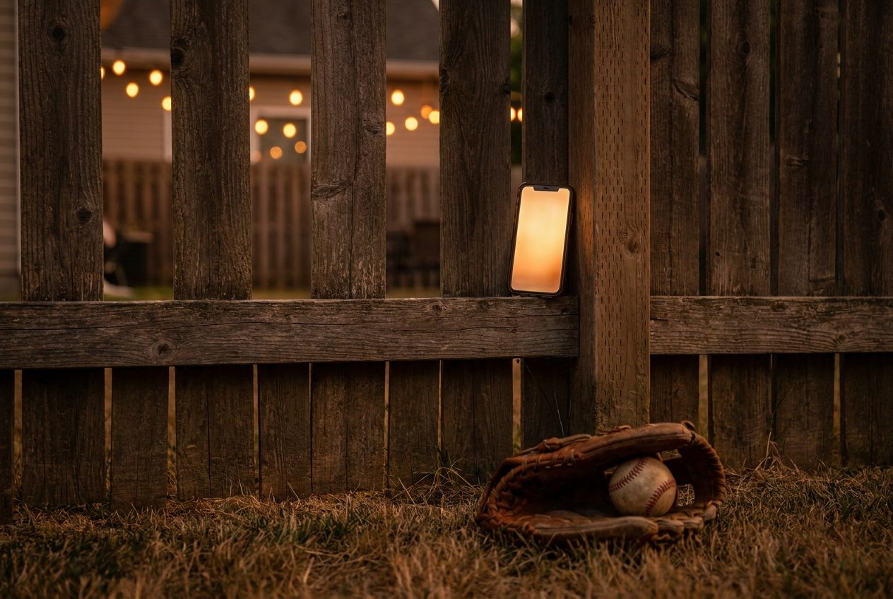 A backyard fence at dusk, a phone propped on the fence post glowing, a glove and ball in the grass