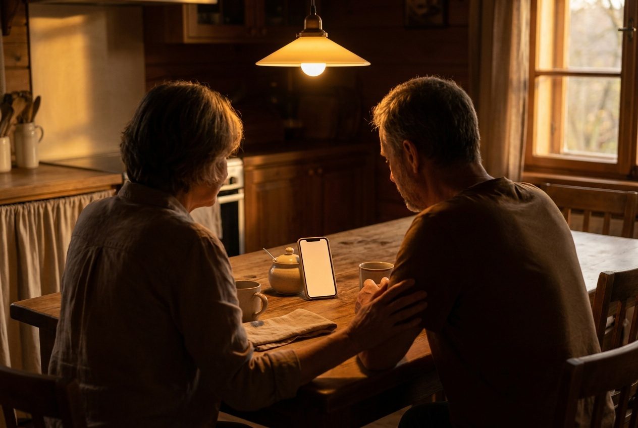 Seen from behind: two people at a kitchen table in the evening, leaning toward a softly glowing phone, one hand resting on the other's forearm