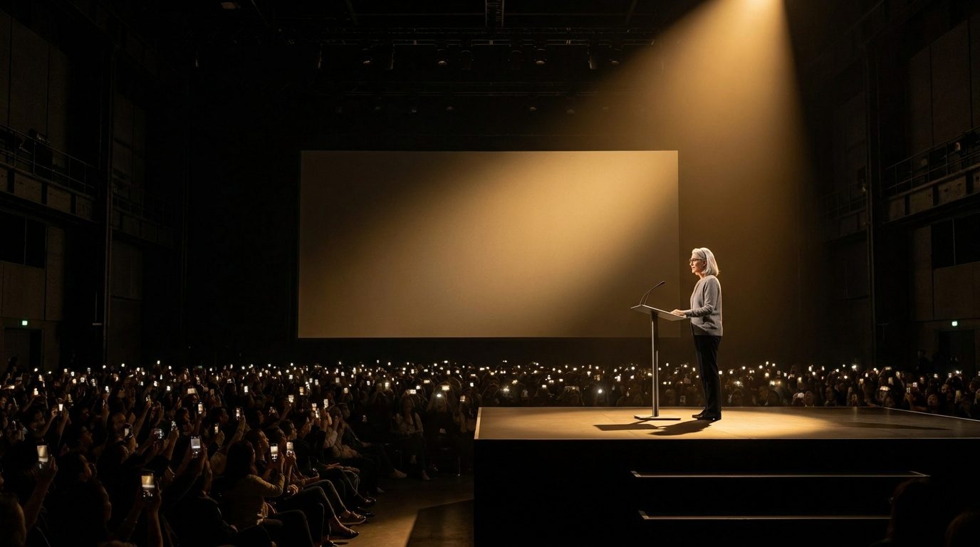Katherine Voss alone at a lectern on a vast dark stage, phone lights raised in the audience