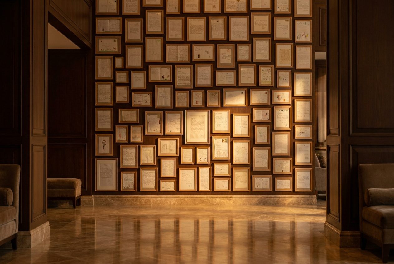 The lobby wall in Seattle: dozens of framed handwritten letters in mismatched frames, one lit a little more warmly than the rest