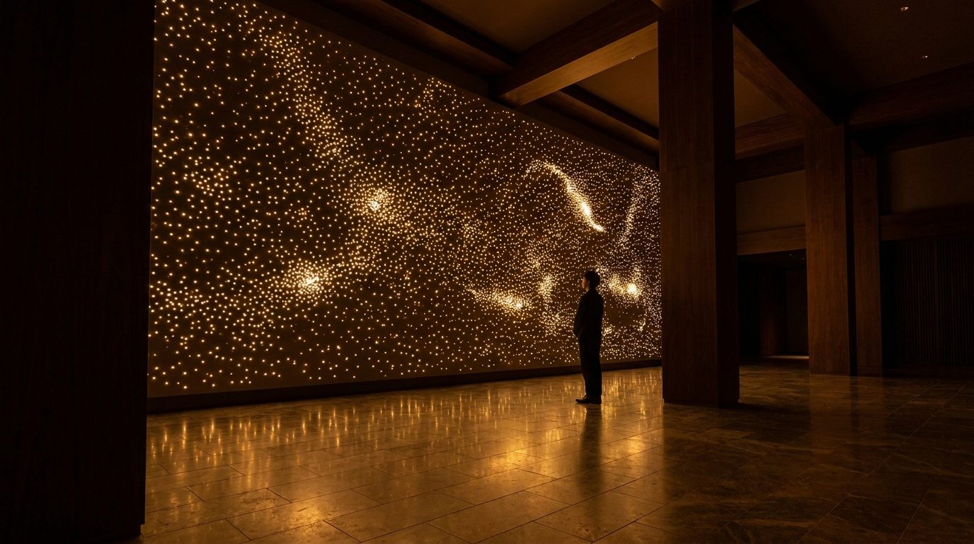 The Listening Room: a vast dark wall alive with warm points of light, one figure standing before it