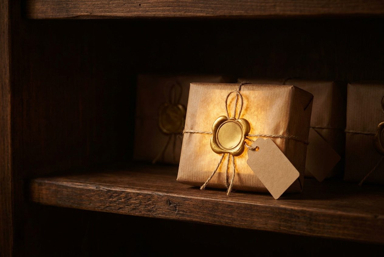A shelf of wax-sealed parcels in shadow, one drawn forward and glowing
