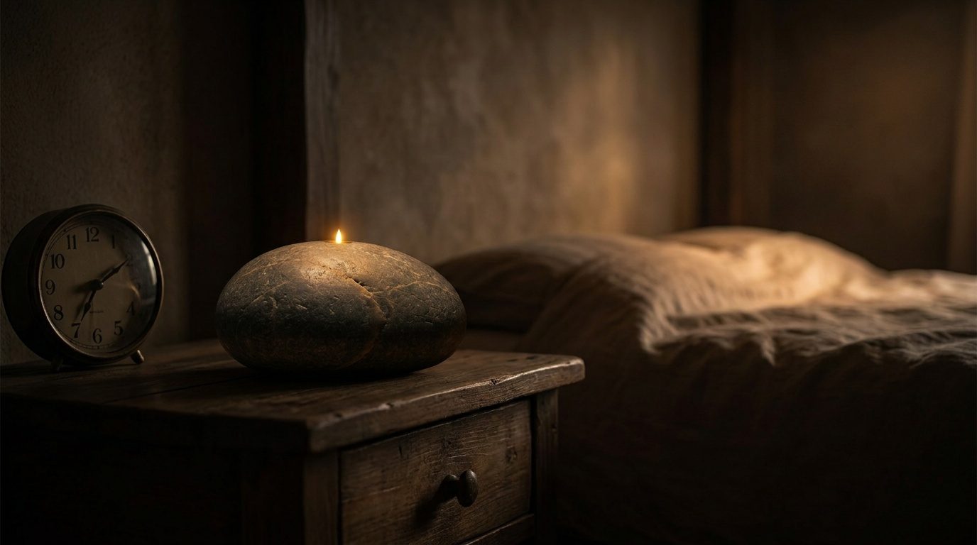 A dark bedroom before dawn: a small stone speaker on the nightstand with one tiny warm gold light, the only light in the room