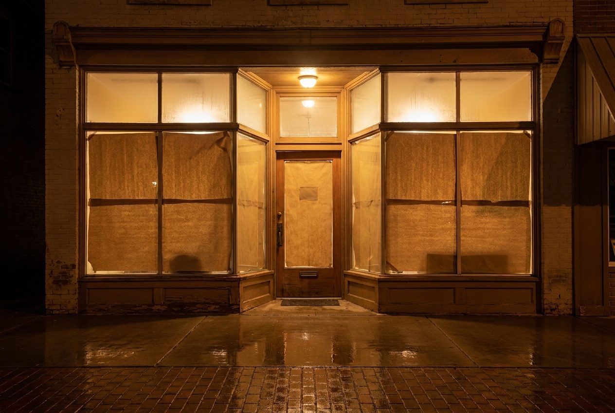 A papered storefront at night, warm light glowing through the paper, waiting to open