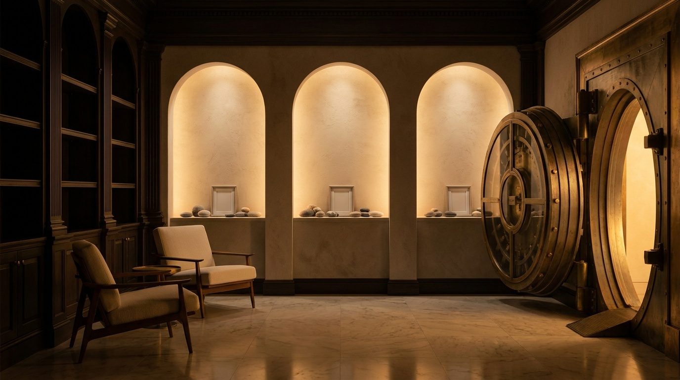 Inside a Solace Parlor: lit alcoves, a low chair, and the old bank vault open onto warm light