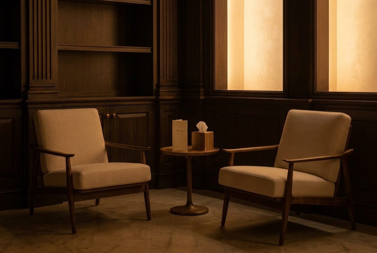A quiet arrangement room: two armchairs angled toward each other, a folded brochure on the side table, soft lamp light