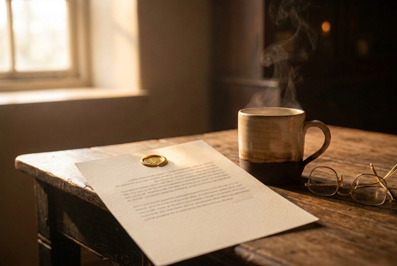 A quarterly Residuals statement on a kitchen table beside a coffee cup, a gold embossed circle at the letterhead