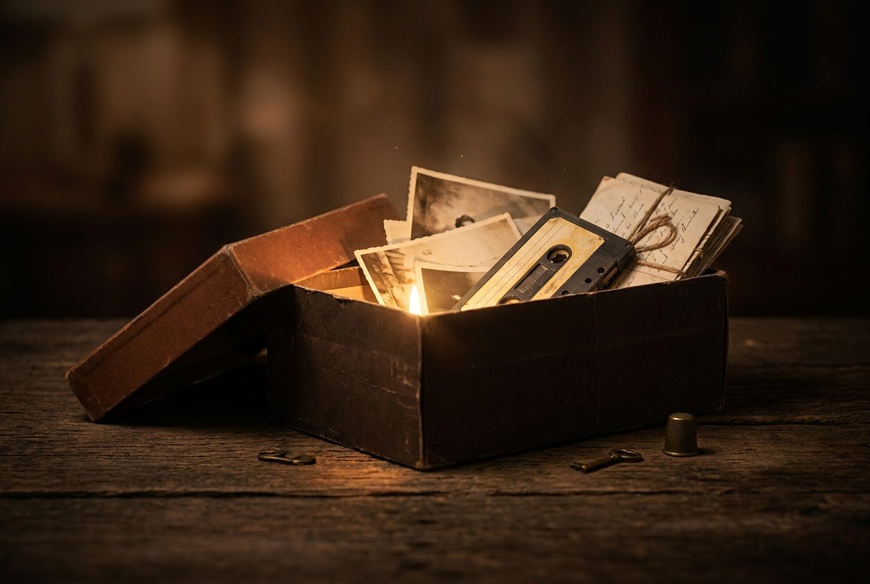 An open shoebox glowing with kept things — photographs, tapes, letters