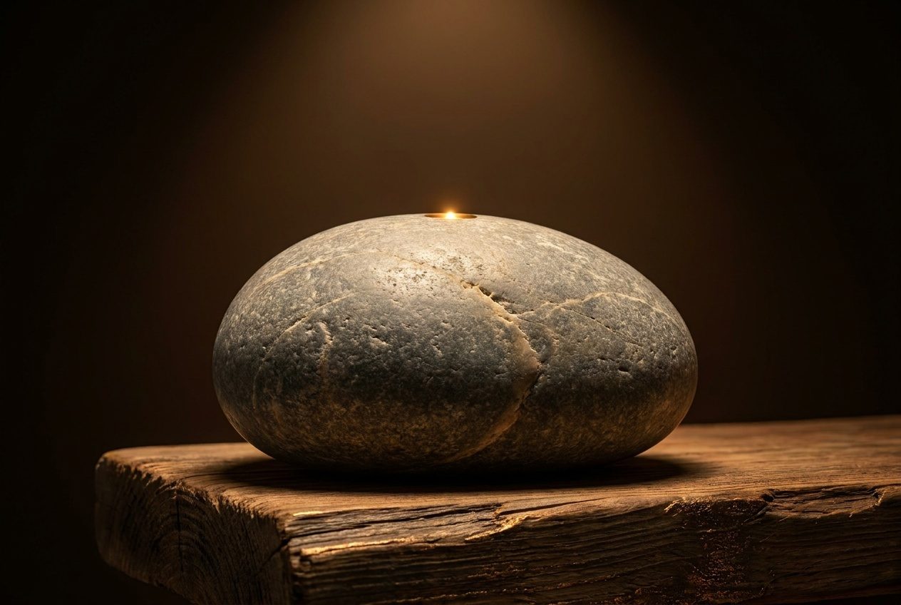 The Stone speaker on a wooden ledge in soft light