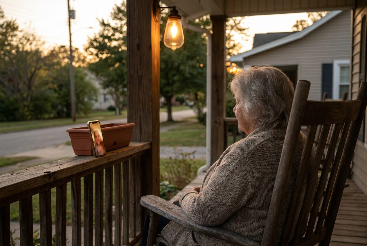 An elderly woman on her porch at dusk, a phone propped on the railing planter, mid-conversation