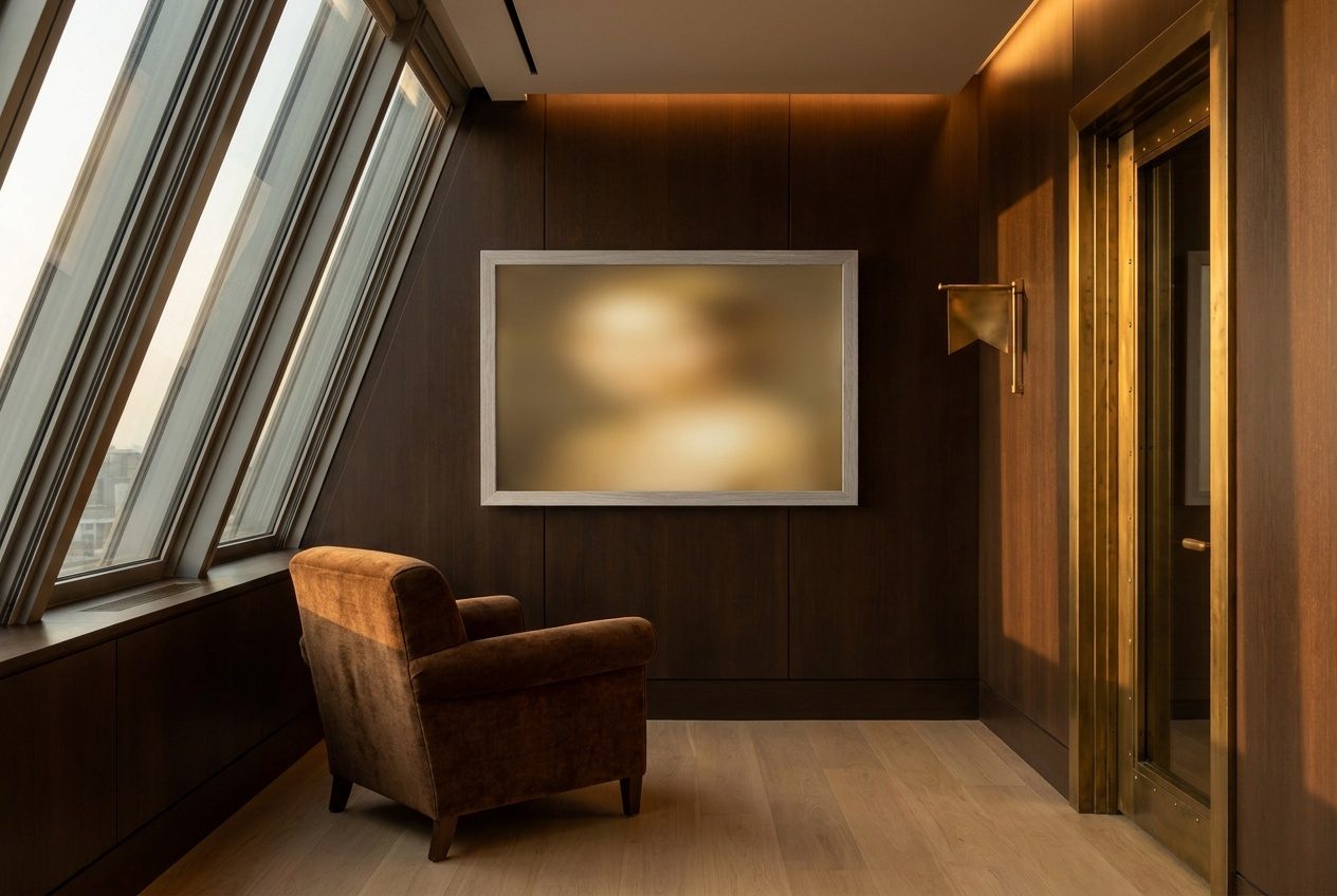 A private suite room: one chair facing a silver-wood screen of soft light, the brass flag by the door lowered