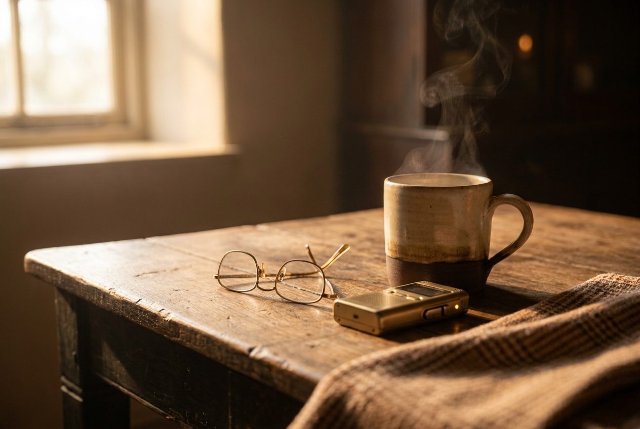 Morning light through a kitchen window, coffee steaming, a small recorder on the table